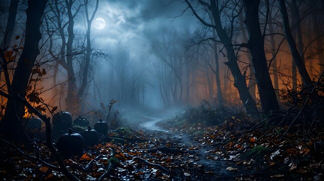 Mysterious forest scene at night with dense fog, gnarled trees, a winding path, and warm pumpkin lights in the dark landscape.