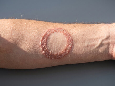 Tinea Corporis Ringworm Annular Lesion with Raised Scaly Border on Adult Forearm, Fungal Skin Infection Macro Medical Photograph