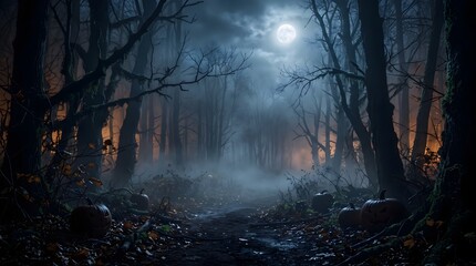 Fototapeta premium Dark and misty spooky forest landscape at night with faint light filtering through dense trees and pumpkins scattered on the ground.