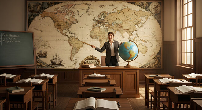 Geography Teacher Explaining World Map with Globe