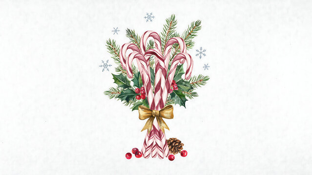 Hand painted watercolor candy canes with pine branches and bow isolated on a transparent background