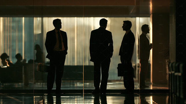 Businessmen Silhouette Office Corporate Meeting Lobby Professional Suit Glass Building Networking Success Team Executive Modern