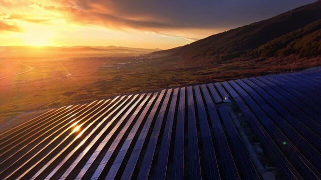 Sunrise view of solar panel rows above valley. Aerial angle shows sun flare reflecting off panels with a misty village visible below. Large solar power plant.