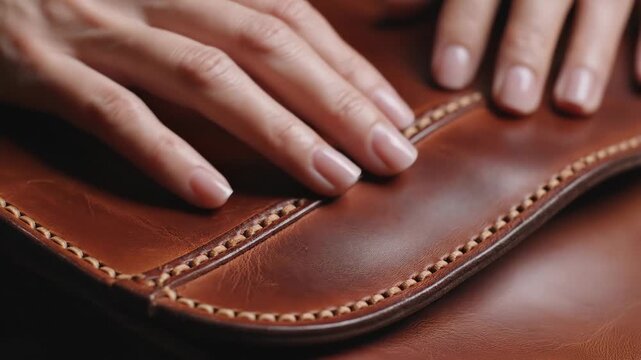 Hands touching high quality brown leather bag close up