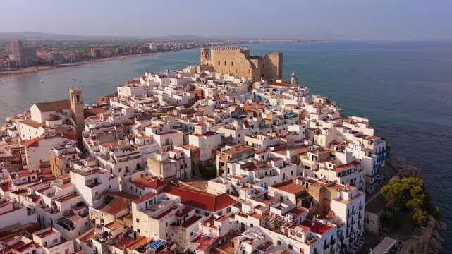 Peniscola castle and old town, aerial drone view, Valencian region, Spain. High quality 4k footage