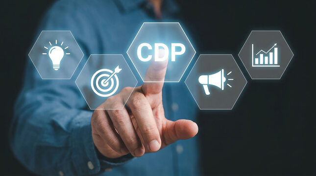 Customer Data Platform (CDP) Interface: A businessman's hand points to a holographic interface displaying icons representing idea, target, CDP, promotion, and growth.