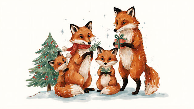 Three cute foxes with a christmas tree and a gift box isolated on a transparent background
