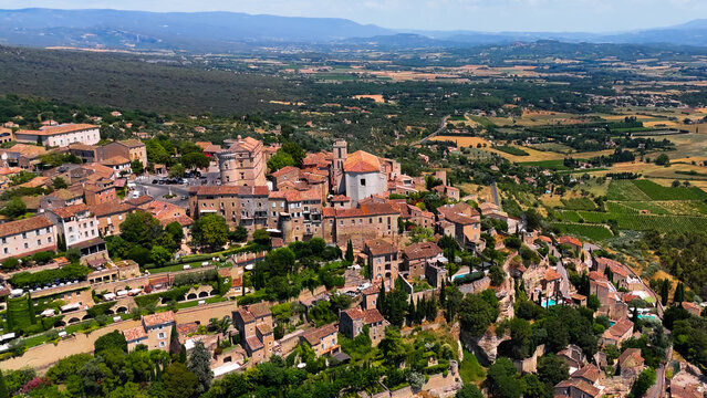 Aerial drone view Gordes commune on top of a hill. Provence-Alpes-Cote d'Azur region