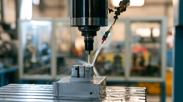 Precision CNC Milling Machine Create Metal Part with Cooling Liquid in Factory Workshop, Modern Industrial Technology Manufacturing Process