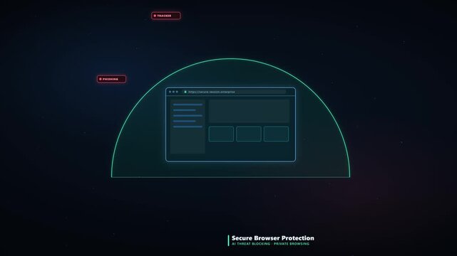 Premium 4K animation of a web browser inside a privacy dome where phishing, malware, tracker and unsafe download threats are detected and deflected in real time by AI security.