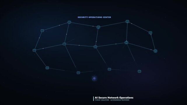Premium 4K animation of an AI security operations center monitoring an enterprise network, isolating a compromised device behind a quarantine ring and rerouting traffic securely.