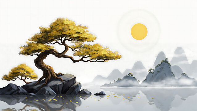 Zen bonsai tree landscape with mountains and sun landscape mountains oriental tranquil peaceful reflection artistic painting illustration serenity traditional