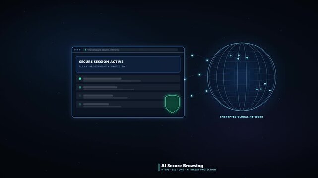 4K Animation of AI Shield Securing Browser with Rotating Encrypted Globe and 100% Security Score