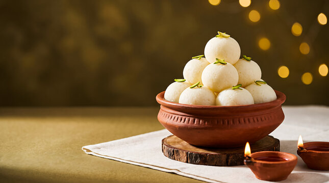 Traditional indian rasgulla dessert in a clay bowl with diya lamps