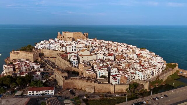 Peniscola castle and old town, aerial drone view, Valencian region, Spain. High quality 4k footage