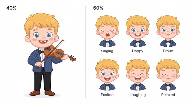 Cute blonde boy playing violin and showing different emotional facial expressions vector illustration