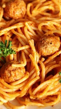 Spaghetti and meatballs tomato sauce meat dish tasty snack fresh gourmet food background on the table rustic food top view copy space