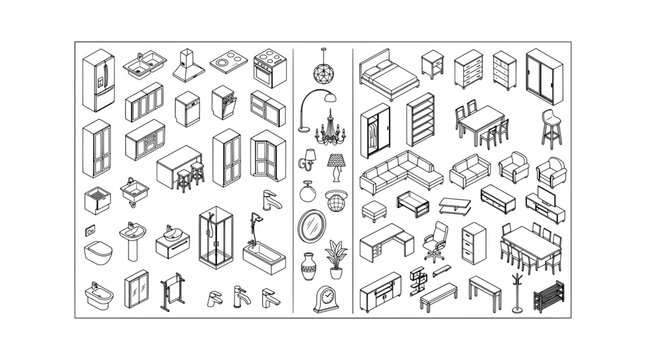 Comprehensive collection of isometric furniture and appliance icons for kitchen, bathroom, and living room design