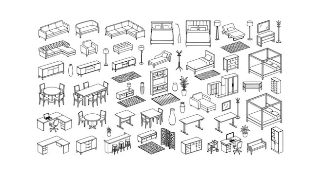 Set of isometric furniture icons for interior design, including sofas, beds, tables, chairs, desks, and storage units