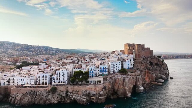 Drone view of Peniscola castle built on sea cliffs, Valencia region, Spain. High quality 4k footage