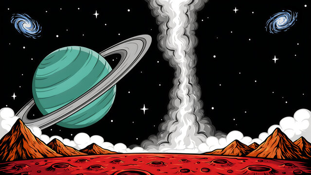Pixel art sci-fi scene featuring a ringed planet and a massive rocket exhaust column on red terrain pixelart landscape celestial exploration astronomy universe adventure