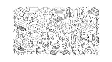 Fototapeta premium Set of isometric furniture icons for interior design, including sofas, beds, tables, chairs, cabinets, and home decor elements
