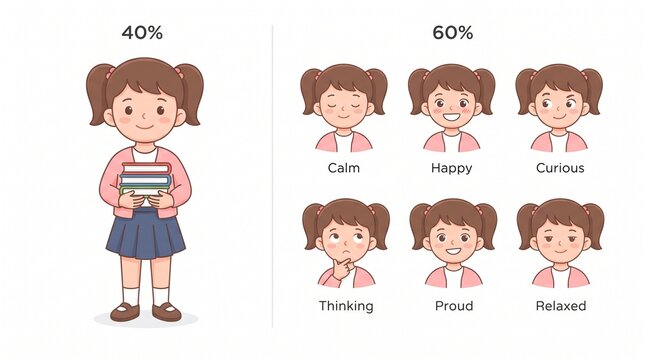 Cartoon school girl character design sheet showing different facial expressions and emotions like happy calm curious thinking proud relaxed
