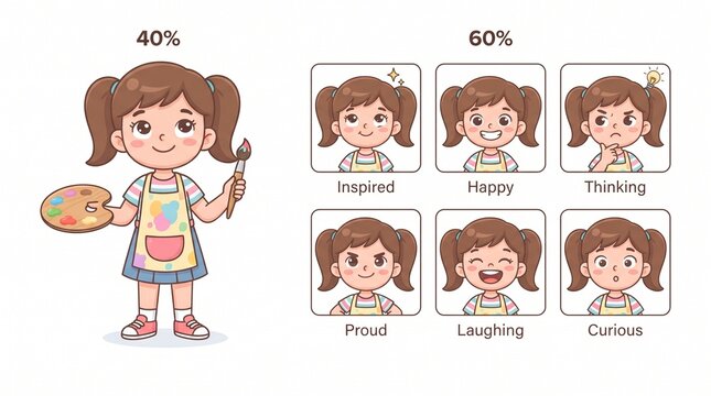 Cute cartoon girl showing various emotions and facial expressions like happy, thinking, inspired, laughing, curious, and proud