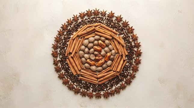 Assorted spices arranged in a circular pattern on a white background for culinary or holiday decoration