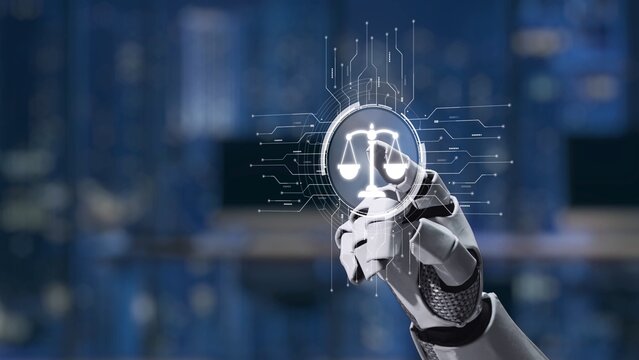 A futuristic robot hand presents a digital scale of justice symbol, illustrating the intersection of technology and law in a modern, innovative environment. Synapse
