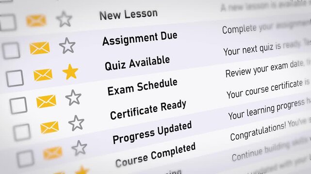 Scrolling light mode email inbox showing online course schedule notifications