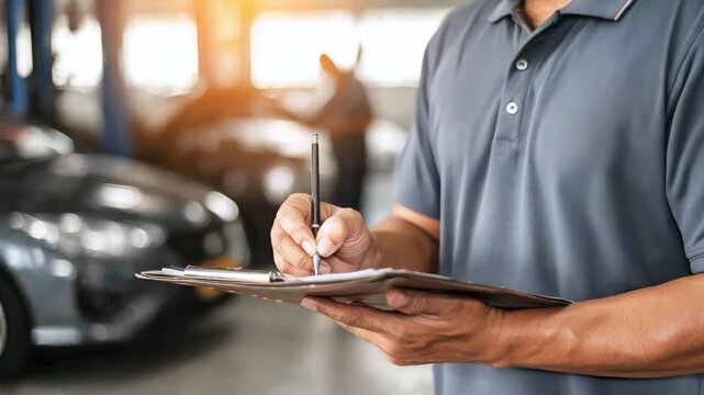 A close-up of a uniformed worker's hands writing data on a tablet. Cars with open hoods are visible in the blurred background in the auto repair shop. Repair, technical inspection, and quality control