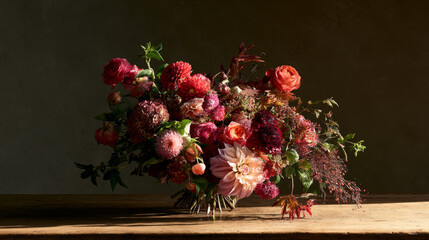 Fototapeta premium Elegant Floral Bouquet Arrangement on Rustic Wooden Table