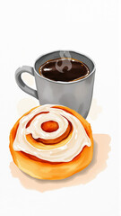 Obraz premium Cinnamon roll none, in white background, with cinnamon roll, coffee cup, from a top-down perspective perspective, with orange, white accents, and delicious and inviting mood.