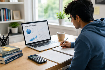 Fototapeta premium Young man student working on laptop with charts and notebook, business
