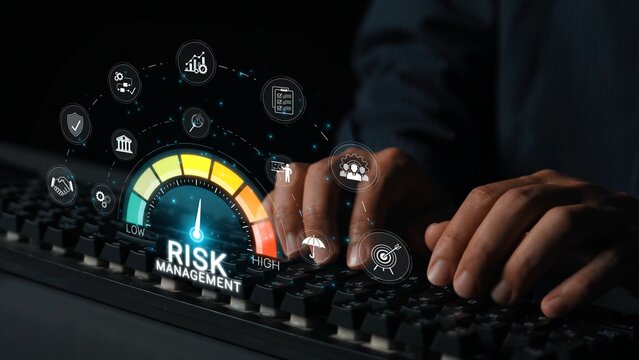 Business professional engaged in risk management analysis using digital dashboard with various financial and analytical icons for effective decision making Sigmoid