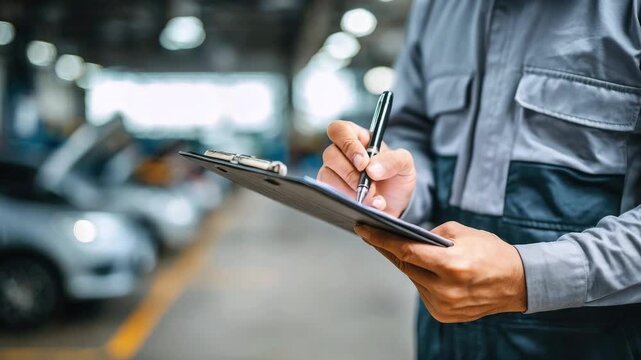 A close-up of a uniformed worker's hands writing data on a tablet. Cars with open hoods are visible in the blurred background in the auto repair shop. Repair, technical inspection, and quality control