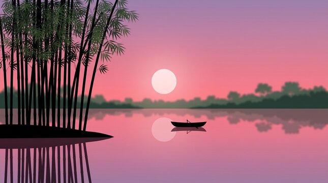 Silhouette of small boat drifting on calm lake at breathtaking sunset with pink sky and bamboo reflection