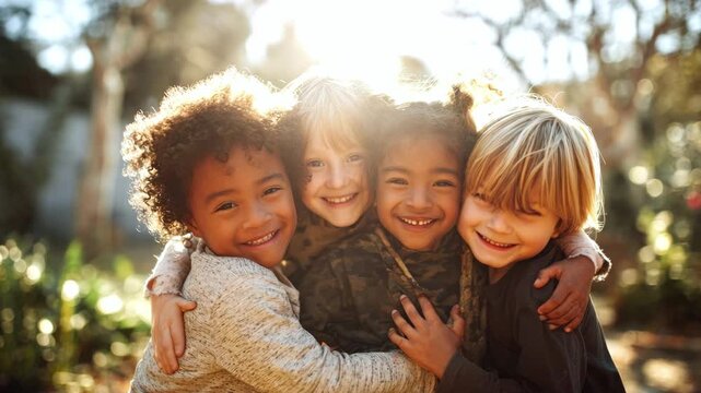 A group of young children of different nationalities smile and hug in a park on a sunny day. Concept of children's friendship and inclusivity