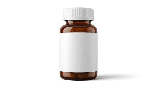 A brown glass medicine bottle with a white cap and blank label against a white background.