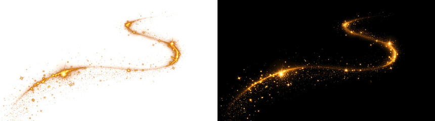Shimmering gold glitter wave winds smoothly with radiant sparkling stars across dark PNG image isolated on transparent background © Tanay