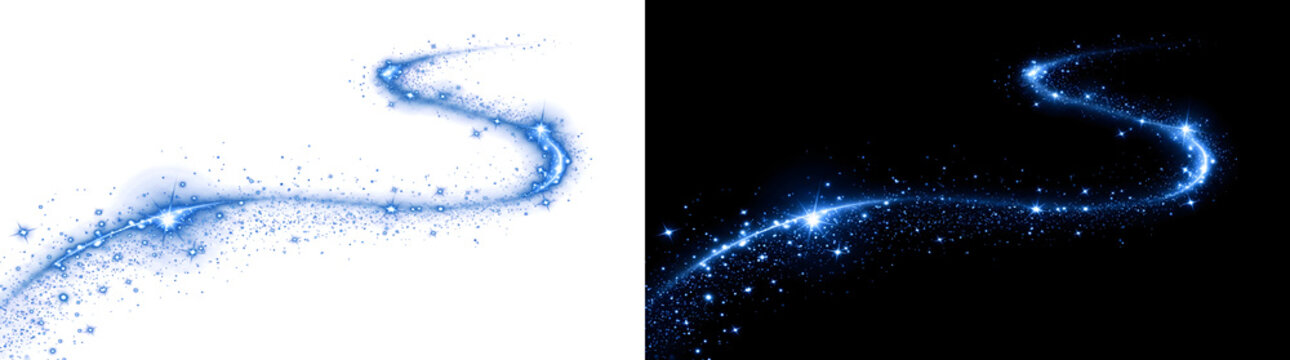 Light trail with glowing blue sparkling arc and luminous stars as PNG isolated on transparent background asset