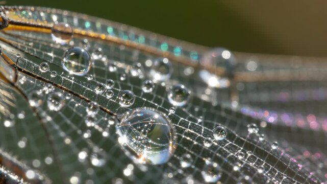 Water droplets on delicate transparent dragonfly wing.