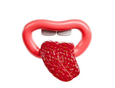 3d lips icon with stylised strawberry tongue, transparent background