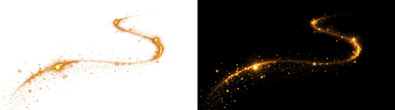 Shimmering gold glitter wave winds smoothly with radiant sparkling stars across dark PNG image isolated on transparent background