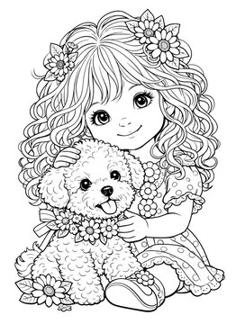 Cute young girl with curly hair and flowers cuddling a teddy bear in detailed line art. Ideal for coloring books, crafts, printables and kids activities