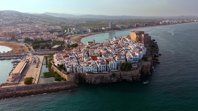 Peniscola castle and old town, aerial drone view, Valencian region, Spain. High quality 4k footage