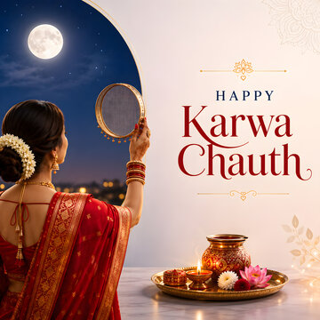 Happy Karwa Chauth Indian Woman Looking at Moon Through Channi holding Puja Thali