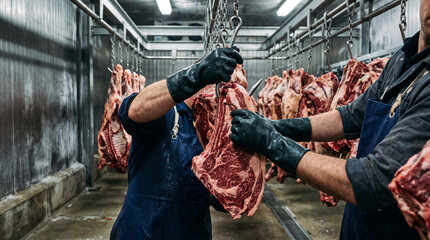 Obraz premium A worker in an apron and gloves handles large cuts of hanging beef carcasses in a cold storage or slaughterhouse facility.