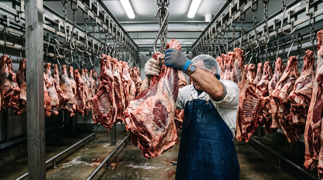 A worker in an apron and gloves handles large cuts of hanging beef carcasses in a cold storage or slaughterhouse facility.